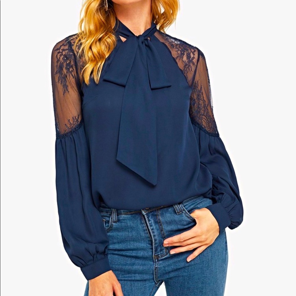 🆕Navy tie neck lace insert long sleeve blouse